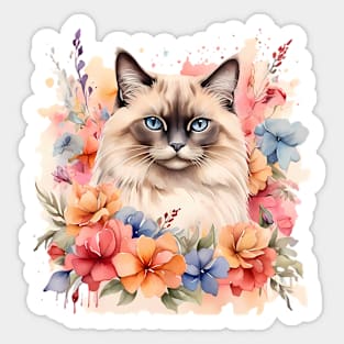 A birman cat decorated with beautiful watercolor flowers Sticker
